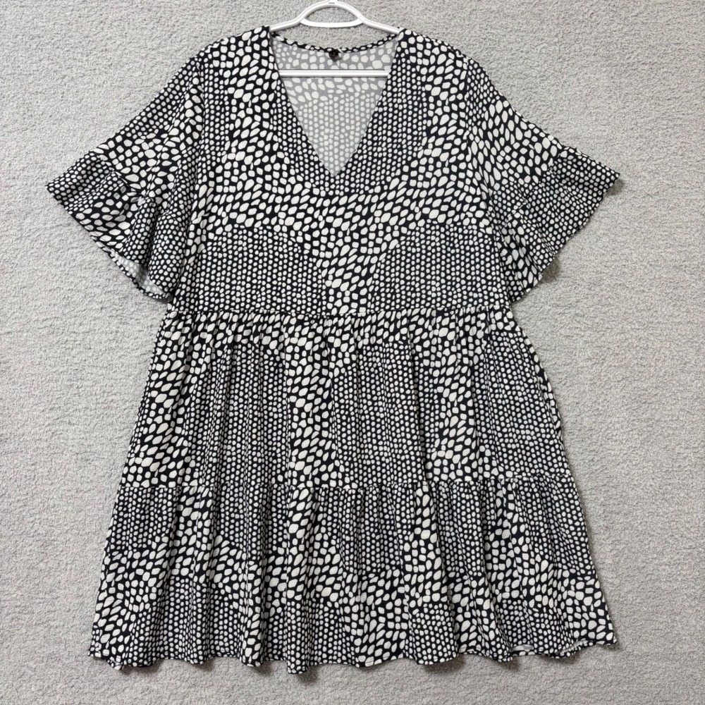 Tiered Babydoll Mini Dress Abstract Pebble Print Pockets Boho Casual Flowy XL